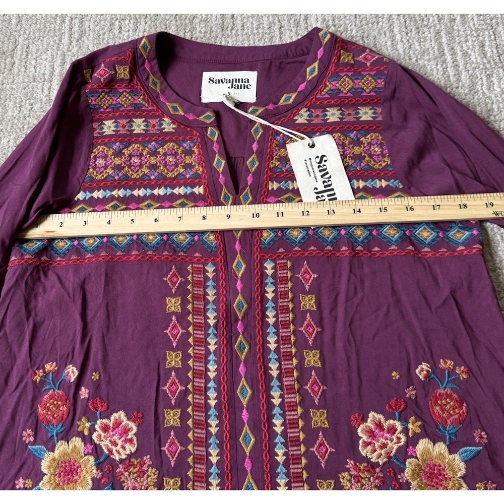 NWT Savanna Jane Embroidered Peasant Blouse Sz S Bohemian Long Sleeve Aztec - Picture 7 of 11